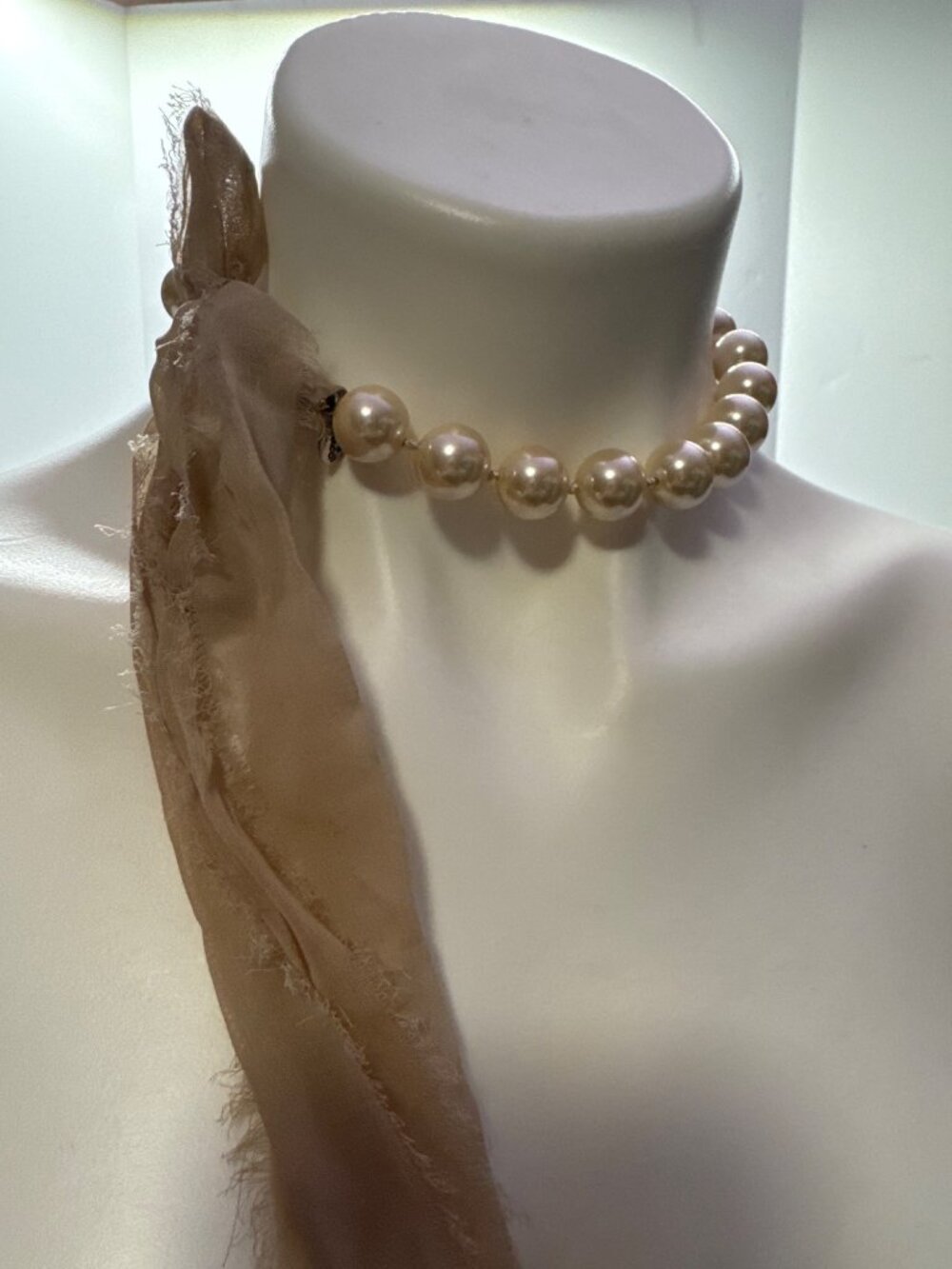 Club Monaco Pearl Bead Necklace With Beige Ribbon Tie Vintage Style